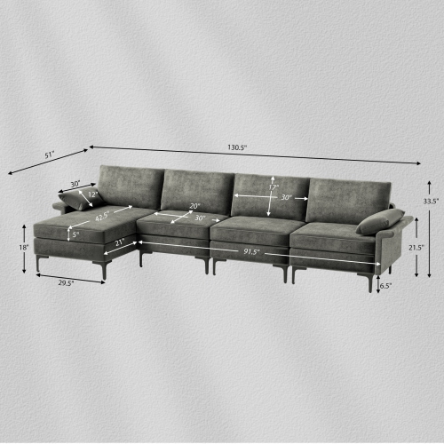 Costway Modern Modular L-shaped Sectional Sofa w/ Reversible Chaise & 2 USB Ports
