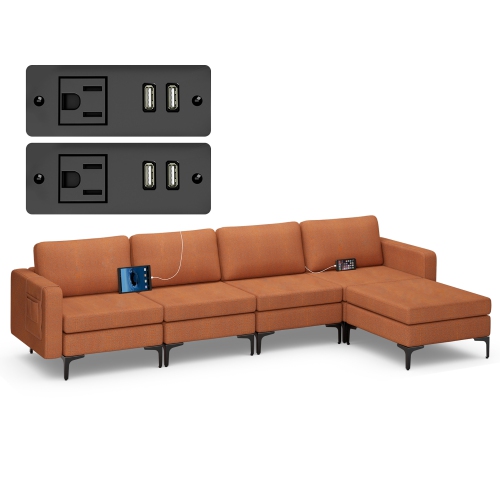 COSTWAY  Modular L-Shaped Sectional Sofa W/ Reversible Chaise & 4 USB Ports