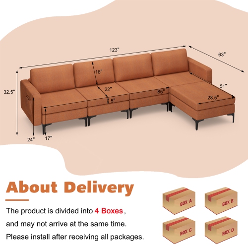 Costway Modular L-shaped Sectional Sofa w/ Reversible Chaise & 4 USB Ports