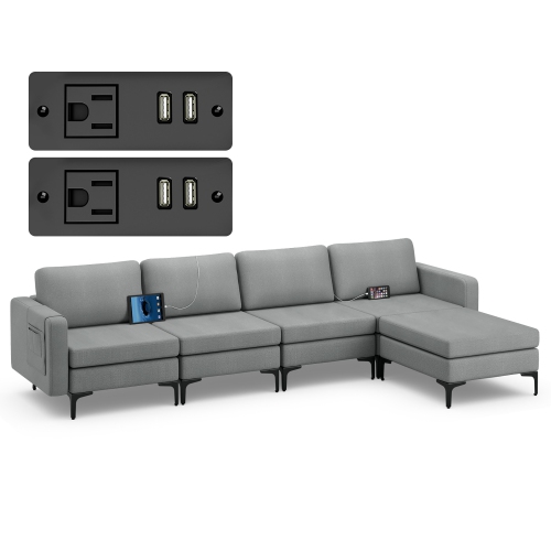 Costway Modular L-shaped Sectional Sofa w/ Reversible Chaise & 4 USB Ports