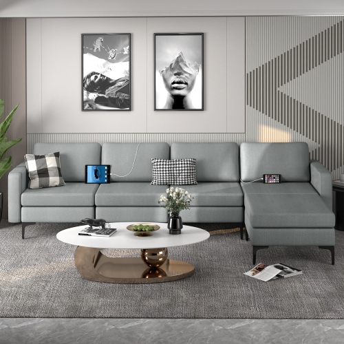Costway Modular L-shaped Sectional Sofa w/ Reversible Chaise & 4 USB Ports