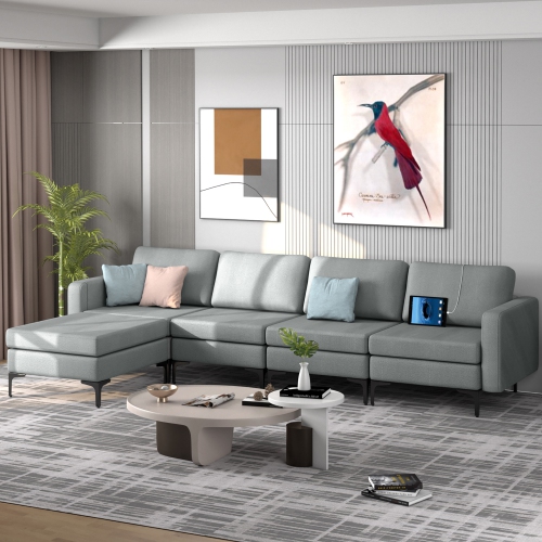 Costway Modular L-shaped Sectional Sofa w/ Reversible Chaise & 4 USB Ports