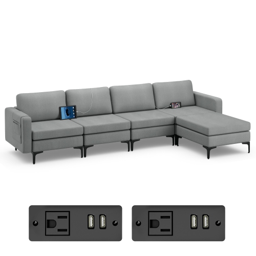 Costway Modular L-shaped Sectional Sofa w/ Reversible Chaise & 4 USB Ports