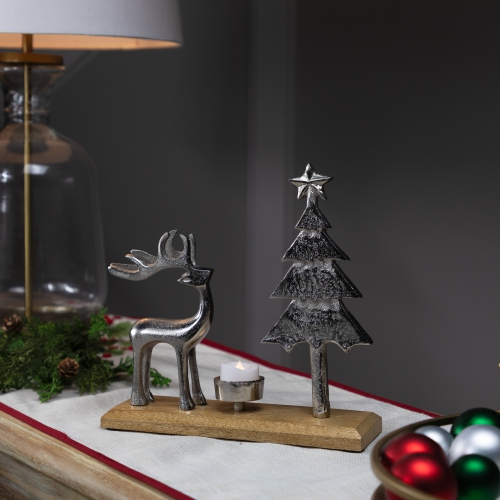Reindeer and Tree Metal Christmas Tealight Holder - 10.5"