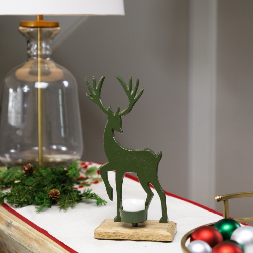 NORTHLIGHT  Reindeer Christmas Metal Tealight Holder - 10.5" - In Green
