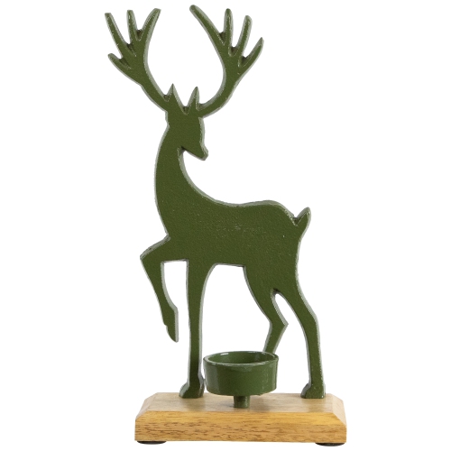 Reindeer Christmas Metal Tealight Holder - 10.5" - Green
