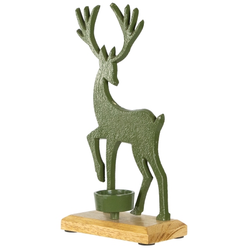 Reindeer Christmas Metal Tealight Holder - 10.5" - Green