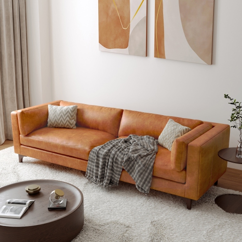 Valencia Mary Top Grain Nappa Full Leather Wide Sofa, Saddle Tan