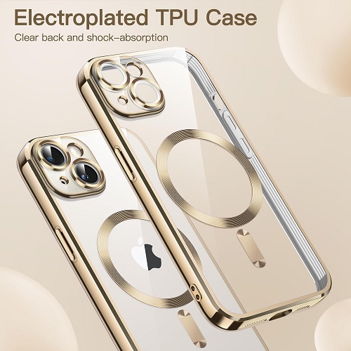 TopSave Soft Clear Case for iPhone 15 Plus 6.7-Inch, Camera Lens Full Protection, with MagSafe, Shockproof Electroplated TPU Cover, Gold