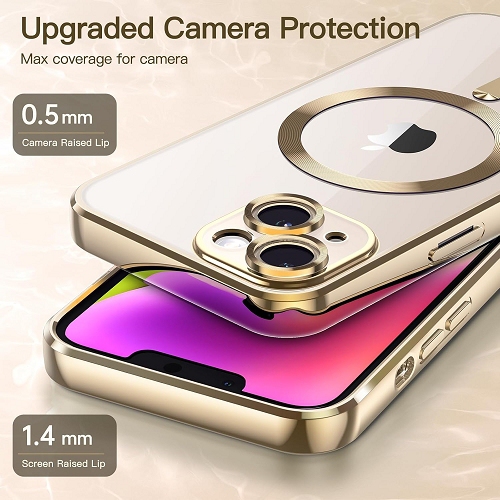 TopSave Soft Clear Case for iPhone 15 Plus 6.7-Inch, Camera Lens Full Protection, with MagSafe, Shockproof Electroplated TPU Cover, Gold