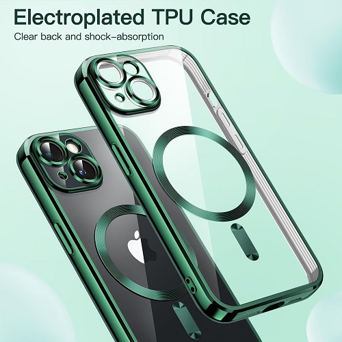 TopSave Soft Clear Case for iPhone 15 Plus 6.7-Inch, Camera Lens Full Protection, with MagSafe, Shockproof Electroplated TPU Cover, Green