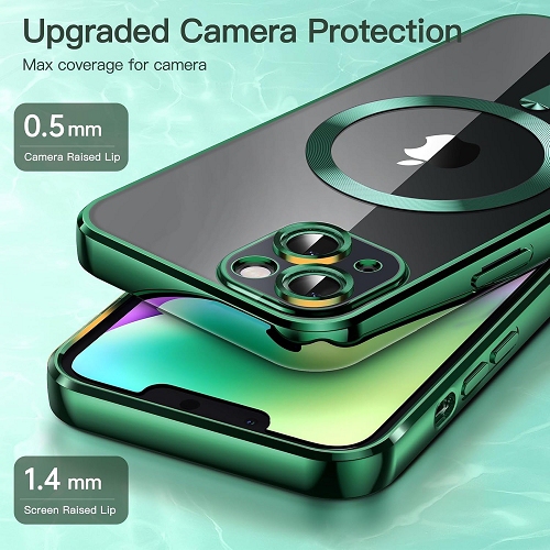 TopSave Soft Clear Case for iPhone 15 Plus 6.7-Inch, Camera Lens Full Protection, with MagSafe, Shockproof Electroplated TPU Cover, Green