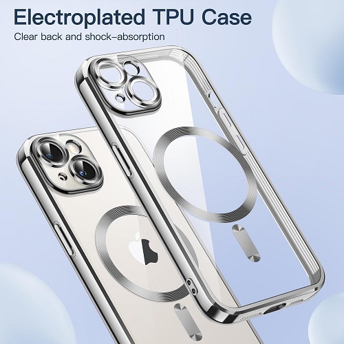 TopSave Soft Clear Case for iPhone 15 Plus 6.7-Inch, Camera Lens Full Protection, with MagSafe, Shockproof Electroplated TPU Cover, Silver