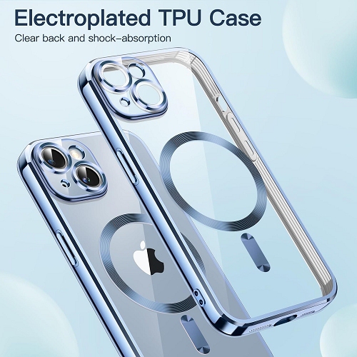 TopSave Soft Clear Case for iPhone 15 Plus 6.7-Inch, Camera Lens Full Protection, with MagSafe, Shockproof Electroplated TPU Cover, Blue