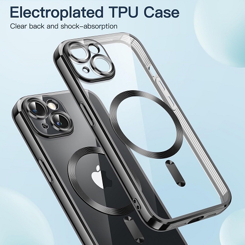 TopSave Soft Clear Case for iPhone 15 Plus 6.7-Inch, Camera Lens Full Protection, with MagSafe, Shockproof Electroplated TPU Cover, Black