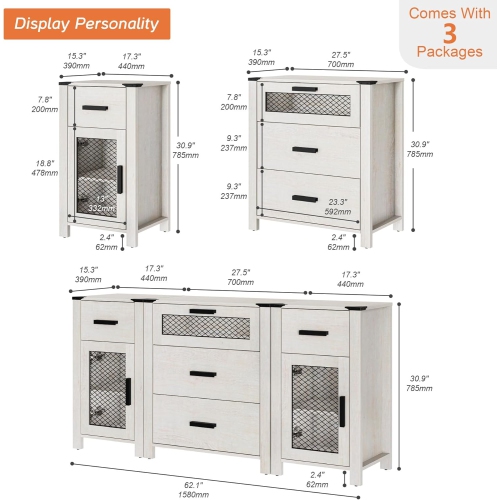 WAMPAT TV Stand with 5 Drawers and 2 Door Storage, Dresser Organizer Units with Adjustable Shelf for Dining, Living and Bed Room, Antique White