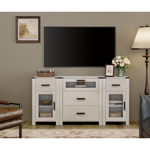 WAMPAT TV Stand with 5 Drawers and 2 Door Storage, Dresser Organizer Units with Adjustable Shelf for Dining, Living and Bed Room, Antique White