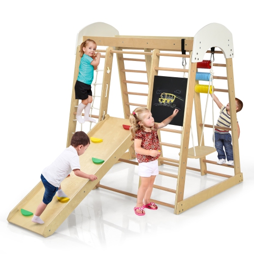 COSTWAY  Indoor Playground Climbing Gym Kids Wooden 8 In 1 Climber Playset for Children