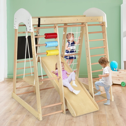 Costway Indoor Playground Climbing Gym Kids Wooden 8 in 1 Climber Playset for Children