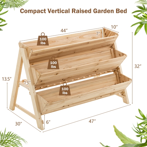 Costway 3 Tier Wooden Vertical Raised Garden Bed w/Storage Shelf, Side Hook & Liners