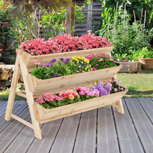 Costway 3 Tier Wooden Vertical Raised Garden Bed w/Storage Shelf, Side Hook & Liners