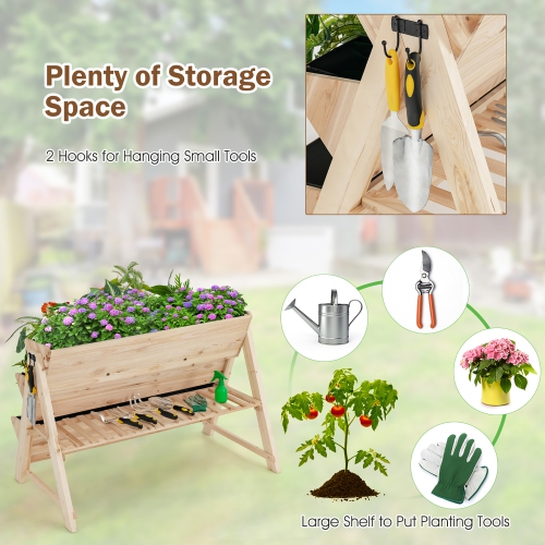 Costway 3 Tier Wooden Vertical Raised Garden Bed w/Storage Shelf, Side Hook & Liners