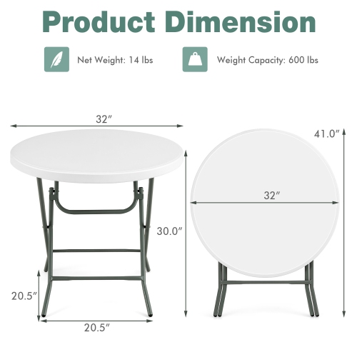 Costway 32" Round Folding Table Portable & Lightweight Table for Indoor & Outdoor Use White