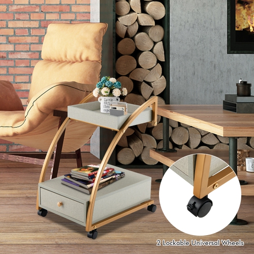 Costway Rolling End Table with Storage Drawer Tray Top 4 Casters Modern Bedside Trolley