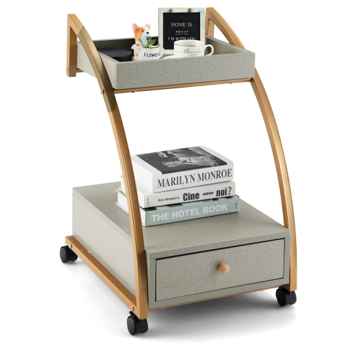 Costway Rolling End Table with Storage Drawer Tray Top 4 Casters Modern Bedside Trolley