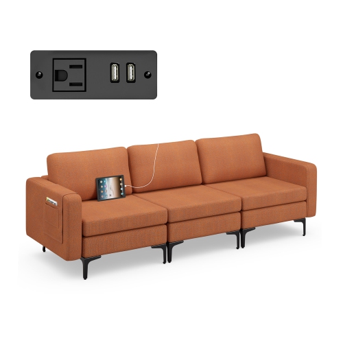 Costway Modular 3-Seat Sofa Couch w/ Socket USB Ports & Side Storage Pocket
