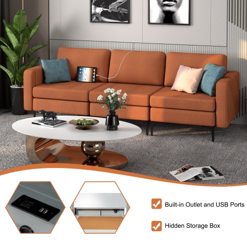 Costway Modular 3-Seat Sofa Couch w/ Socket USB Ports & Side Storage Pocket