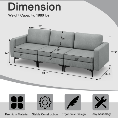 Costway Modular 3-Seat Sofa Couch w/ Socket USB Ports & Side Storage Pocket
