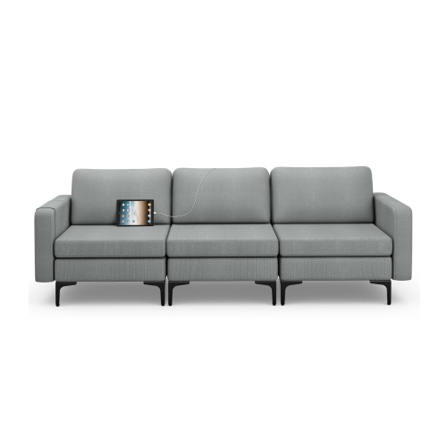 Costway Modular 3-Seat Sofa Couch w/ Socket USB Ports & Side Storage Pocket