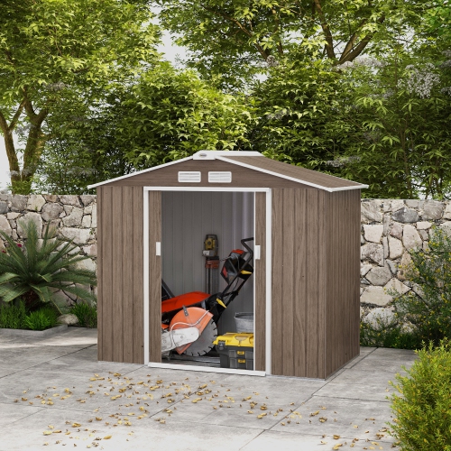 Outsunny 7' x 4' x 6' Garden Storage Shed Outdoor Patio Yard Metal Tool Storage House w/ Steel Foundation Kit and Double Doors, Distressed Light Brown