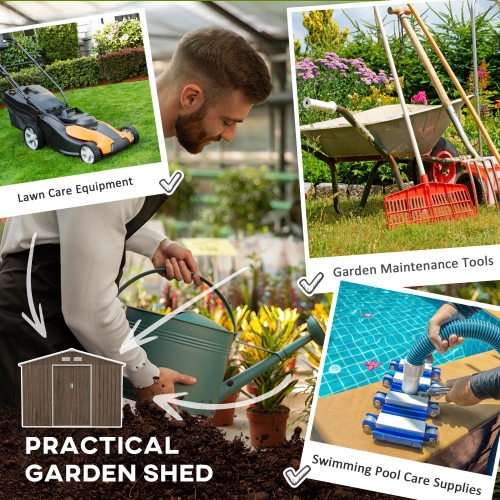 Outsunny 7' x 4' x 6' Garden Storage Shed Outdoor Patio Yard Metal Tool Storage House w/ Steel Foundation Kit and Double Doors, Distressed Light Brown