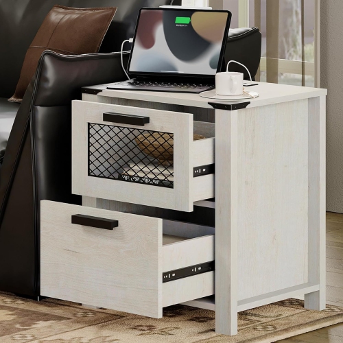 WAMPAT 2 Pack Nightstand with Charging Station,Farmhouse End Table with 2 Drawers, Rustic Sofa Side Bedside Table for Bedroom and Living Room,