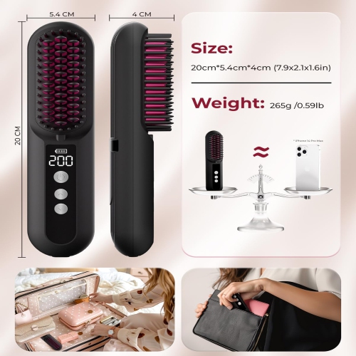 Brosse lissante sans fil Paucax Mini brosse à cheveux portative pour les voyages avec un million d'ions négatifs, 80 minutes de temps de travail, 9