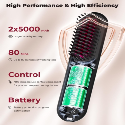 Brosse lissante sans fil Paucax Mini brosse à cheveux portative pour les voyages avec un million d'ions négatifs, 80 minutes de temps de travail, 9