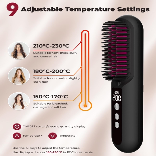 Brosse lissante sans fil Paucax Mini brosse à cheveux portative pour les voyages avec un million d'ions négatifs, 80 minutes de temps de travail, 9