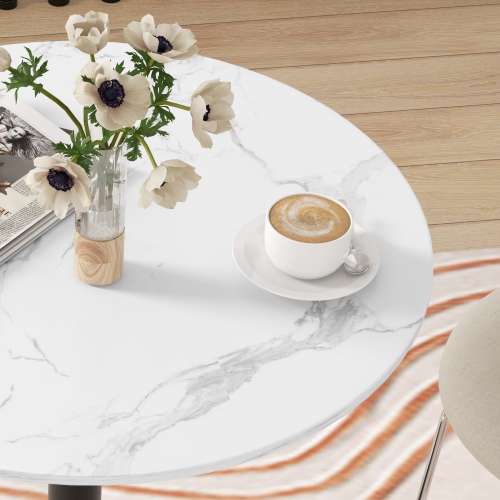 HOMCOM Round Dining Table for 2 People, Modern Kitchen Table with Painted Top and Steel Base for Living Room, Dining Room, White Marble