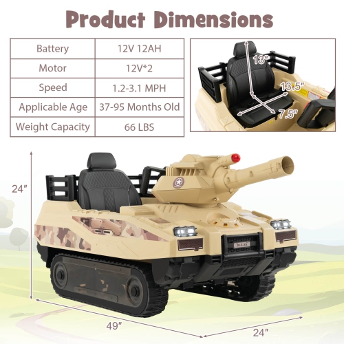 Costway Electric Kids Ride On Tank with Rubber Tracks Rotatable Turret & Working Cannon