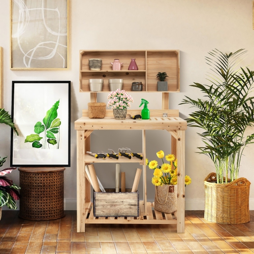 Banc de rempotage d'extérieur en bois avec tablette de rangement de Costway pour le jardin