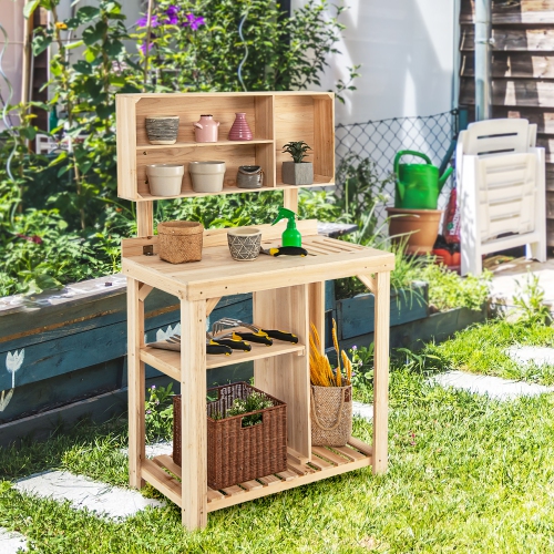 Banc de rempotage d'extérieur en bois avec tablette de rangement de Costway pour le jardin