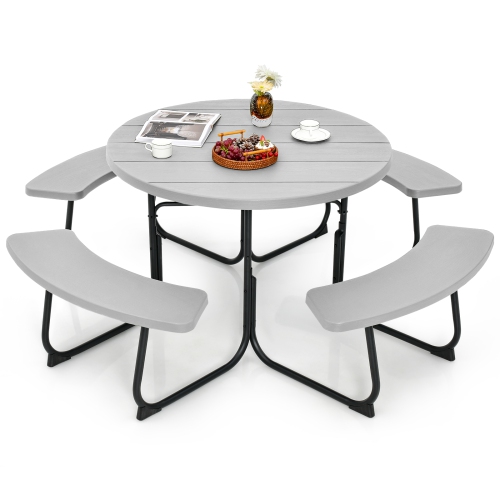 COSTWAY  Outdoor 8-Person Round Picnic Table Bench Set With 4 Benches & Umbrella Hole