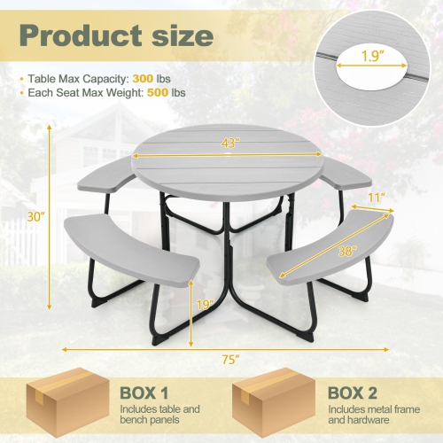 Costway Outdoor 8-person Round Picnic Table Bench Set with 4 Benches & Umbrella Hole