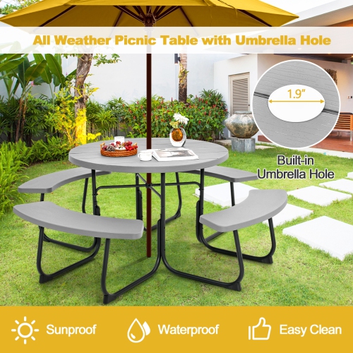 Costway Outdoor 8-person Round Picnic Table Bench Set with 4 Benches & Umbrella Hole