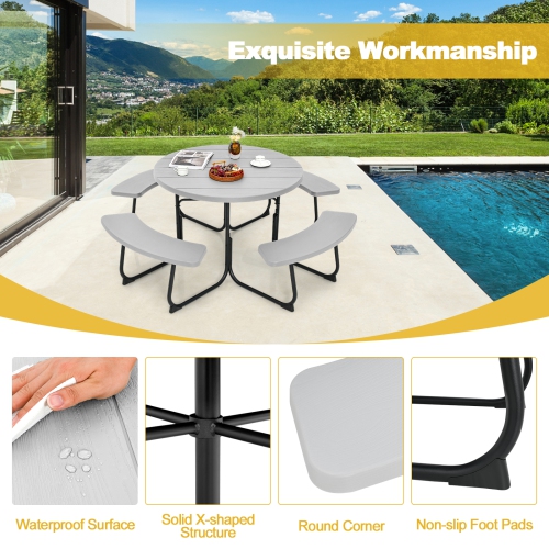Costway Outdoor 8-person Round Picnic Table Bench Set with 4 Benches & Umbrella Hole