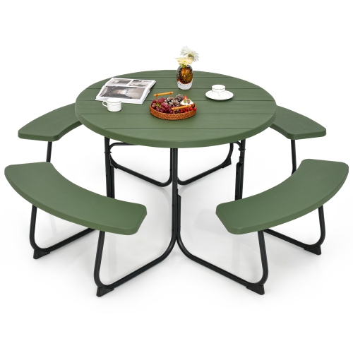 COSTWAY  Outdoor 8-Person Round Picnic Table Bench Set With 4 Benches & Umbrella Hole