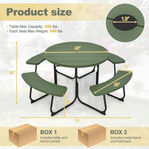 Costway Outdoor 8-person Round Picnic Table Bench Set with 4 Benches & Umbrella Hole