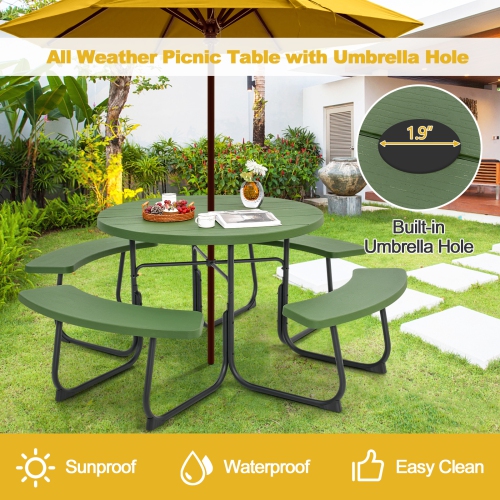 Costway Outdoor 8-person Round Picnic Table Bench Set with 4 Benches & Umbrella Hole